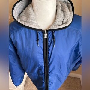 Vtg Nike Hooded Jacket Quilted, Water Resistant Swoosh NIKE Spell Out LARGE Blue